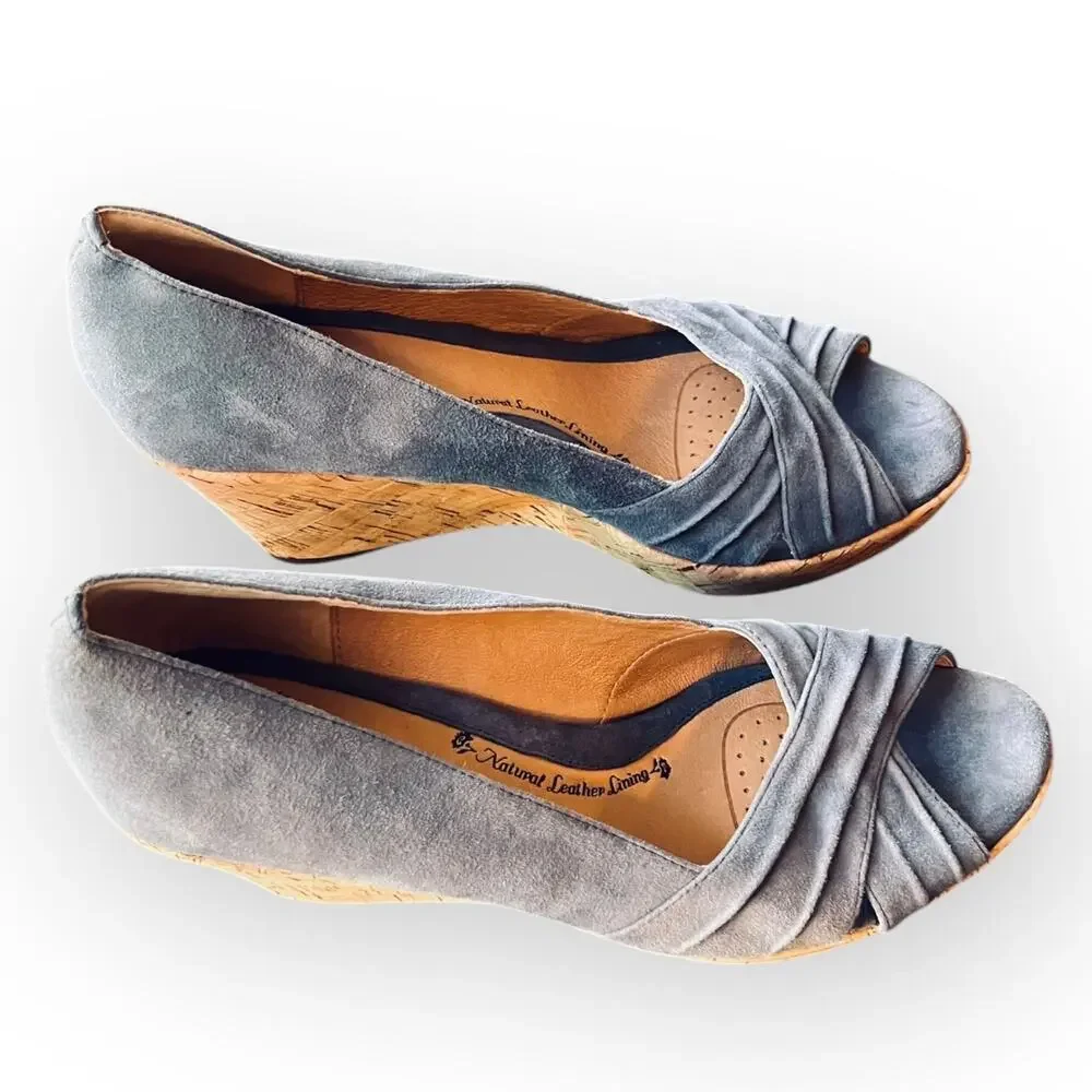 Sofft Olwen Women's Iris Blue Suede Open Toe Cork Platform Wedge Sandal Size 11M